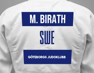 Judo GI with a backnumber showing the name Mikaela Barrera Birath from Göteborgs Judoklubb