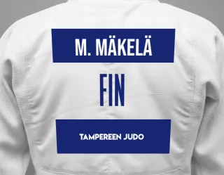 Judo GI with a backnumber showing the name Mikke Mäkelä from Tampereen Judo