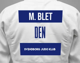 Judo GI with a backnumber showing the name Mikkel Blet from Svendborg Judo Klub