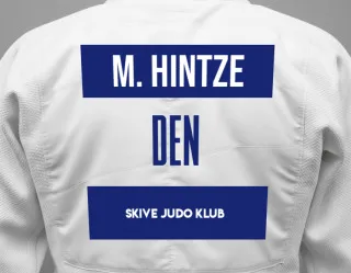 Judo GI with a backnumber showing the name Mikkel Harding Hintze from Skive Judo Klub