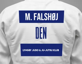 Judo GI with a backnumber showing the name Mikkel Hemmingsen Falshøj from Lyngby Judo & Ju-Jutsu Klub