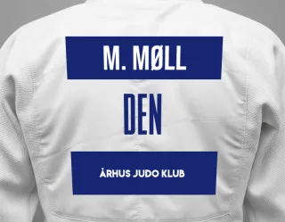 Judo GI with a backnumber showing the name Mikkel Møll from Århus Judo Klub