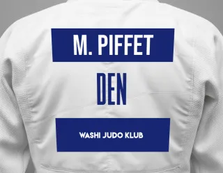 Judo GI with a backnumber showing the name Mikkel Piffet from Washi Judo Klub
