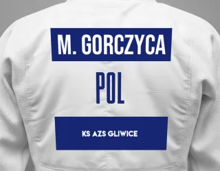 Judo GI with a backnumber showing the name Mikołaj Gorczyca from KS AZS Gliwice