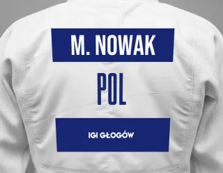 Judo GI with a backnumber showing the name Mikołaj Nowak from IGI Głogów