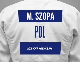 Judo GI with a backnumber showing the name Mikołaj Szopa from AZS AWF Wrocław