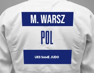 Judo GI with a backnumber showing the name Mikołaj Warsz from UKS Same Judo