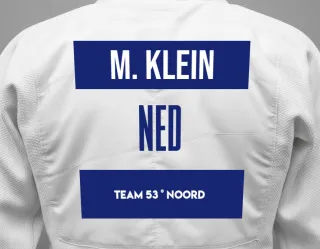 Judo GI with a backnumber showing the name Milan de Klein from Team 53 ° Noord