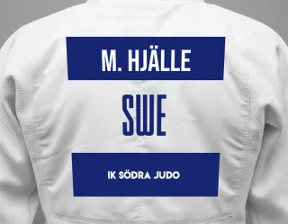 Judo GI with a backnumber showing the name Milian Hjälle from IK Södra Judo