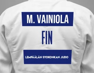 Judo GI with a backnumber showing the name Milla Vainiola from Lempäälän Syokonkan Judo