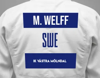 Judo GI with a backnumber showing the name Milo Envall Welff from IK Västra Mölndal