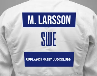 Judo GI with a backnumber showing the name Milo Larsson from Upplands Väsby Judoklubb
