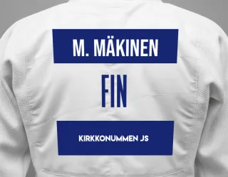 Judo GI with a backnumber showing the name Milo Mäkinen from Kirkkonummen JS