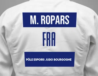 Judo GI with a backnumber showing the name Milo Ropars from Pôle Espoirs Judo Bourgogne