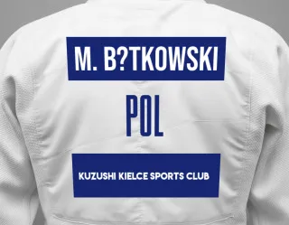 Judo GI with a backnumber showing the name Mi?osz B?tkowski from Kuzushi Kielce Sports Club