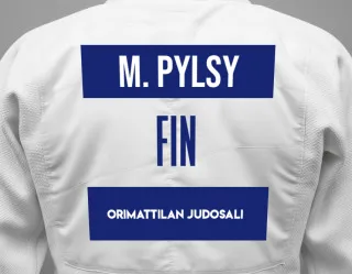 Judo GI with a backnumber showing the name Mira Pylsy from Orimattilan Judosali