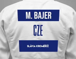 Judo GI with a backnumber showing the name Miroslav Bajer from Slávia Kroměříž