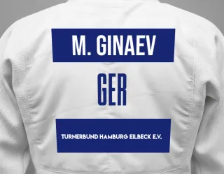 Judo GI with a backnumber showing the name Mochmad Ginaev from Turnerbund Hamburg Eilbeck e.V.