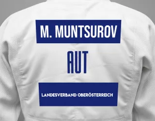 Judo GI with a backnumber showing the name Mohamed Muntsurov from Landesverband Oberösterreich