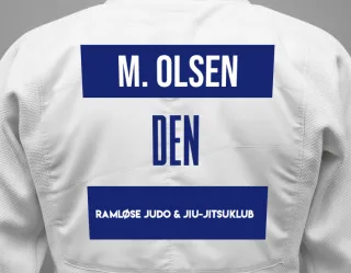 Judo GI with a backnumber showing the name Monique Olsen from Ramløse Judo & Jiu-Jitsuklub