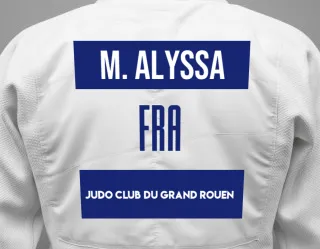 Judo GI with a backnumber showing the name Morel Alyssa from Judo Club du Grand Rouen