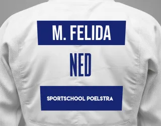 Judo GI with a backnumber showing the name Moreno Felida from Sportschool Poelstra