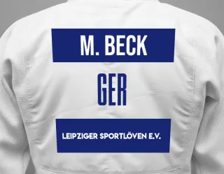 Judo GI with a backnumber showing the name Moritz Beck from Leipziger Sportlöven e.V.