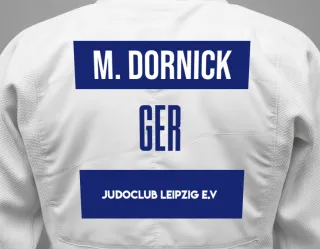 Judo GI with a backnumber showing the name Moritz Dornick from Judoclub Leipzig e.V