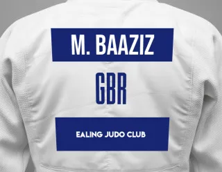 Judo GI with a backnumber showing the name Mounir Baaziz from Ealing Judo Club