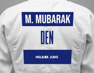 Judo GI with a backnumber showing the name Muhamad Mubarak from Holbæk Judo