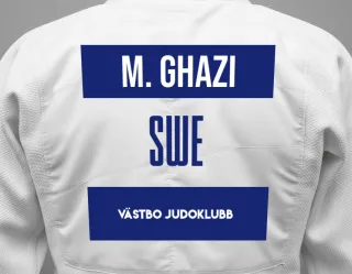 Judo GI with a backnumber showing the name Muhammad Nart Ghazi from Västbo Judoklubb
