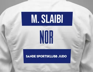 Judo GI with a backnumber showing the name Musab Amer Slaibi from Sande Sportsklubb Judo