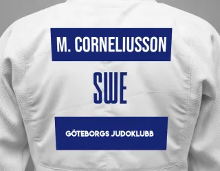 Judo GI with a backnumber showing the name My Corneliusson from Göteborgs Judoklubb