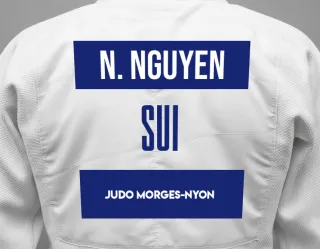Judo GI with a backnumber showing the name Nam Kha Nguyen from Judo Morges-Nyon