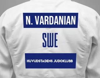 Judo GI with a backnumber showing the name Narek Vardanian from Huvudstadens Judoklubb