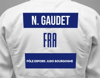 Judo GI with a backnumber showing the name Nastasia Gaudet from Pôle Espoirs Judo Bourgogne