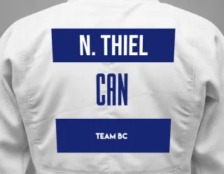 Judo GI with a backnumber showing the name Nathan Thiel from Team BC