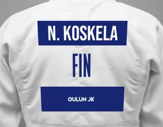 Judo GI with a backnumber showing the name Nea Koskela from Oulun JK