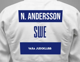 Judo GI with a backnumber showing the name Neo Andersson from Vara Judoklubb