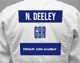 Judo GI with a backnumber showing the name Nicholas Deeley from Stewart Judo Academy