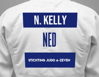 Judo GI with a backnumber showing the name Nick Kelly from Stichting Judo A-Zeven