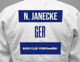Judo GI with a backnumber showing the name Nico Janecke from Budo Club Vorpommern