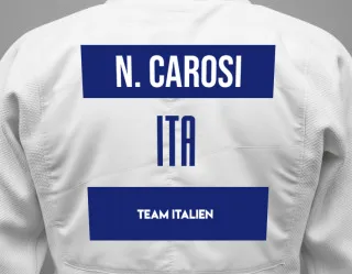 Judo GI with a backnumber showing the name Nicola Carosi from Team Italien
