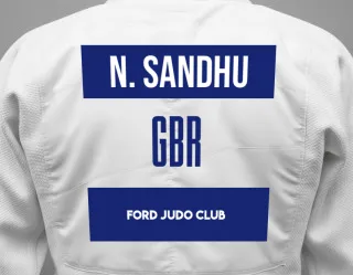 Judo GI with a backnumber showing the name Nihaal Sandhu from Ford Judo Club