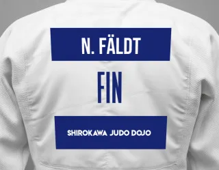 Judo GI with a backnumber showing the name Niilo Fäldt from Shirokawa Judo dojo
