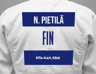 Judo GI with a backnumber showing the name Niilo Pietilä from Kita-Kan, Kemi