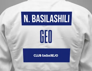 Judo GI with a backnumber showing the name Nika Basilashili from Club Sagarejo