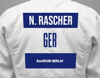 Judo GI with a backnumber showing the name Nike Rascher from Randori Berlin