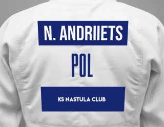 Judo GI with a backnumber showing the name Nikita Andriiets from KS NASTULA CLUB