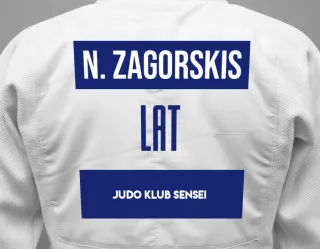 Judo GI with a backnumber showing the name Nikita Zagorskis from Judo Klub Sensei